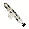 A black and white patterned lanyard with a detachable white leather wallet.