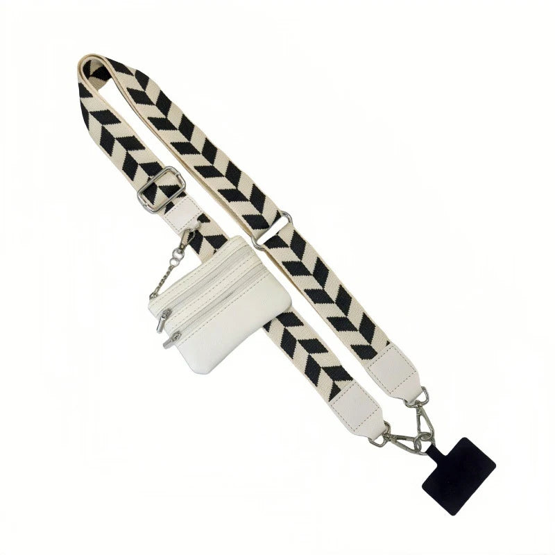 A black and white patterned lanyard with a detachable white leather wallet.
