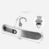 A silver portable digital luggage scale with a handle and measuring markings.