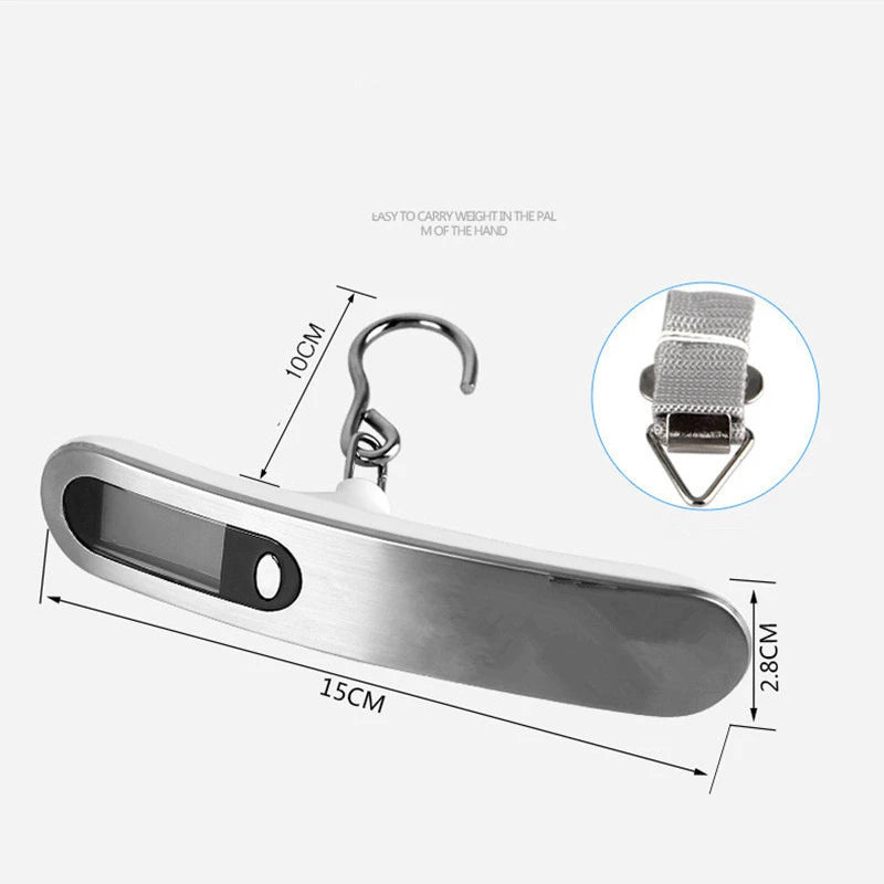 A silver portable digital luggage scale with a handle and measuring markings.