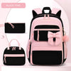 Rosa und schwarz gestreiftes Cordhosen-Schulrucksacks-Set mit Hauptrucksack und separatem Beutel.