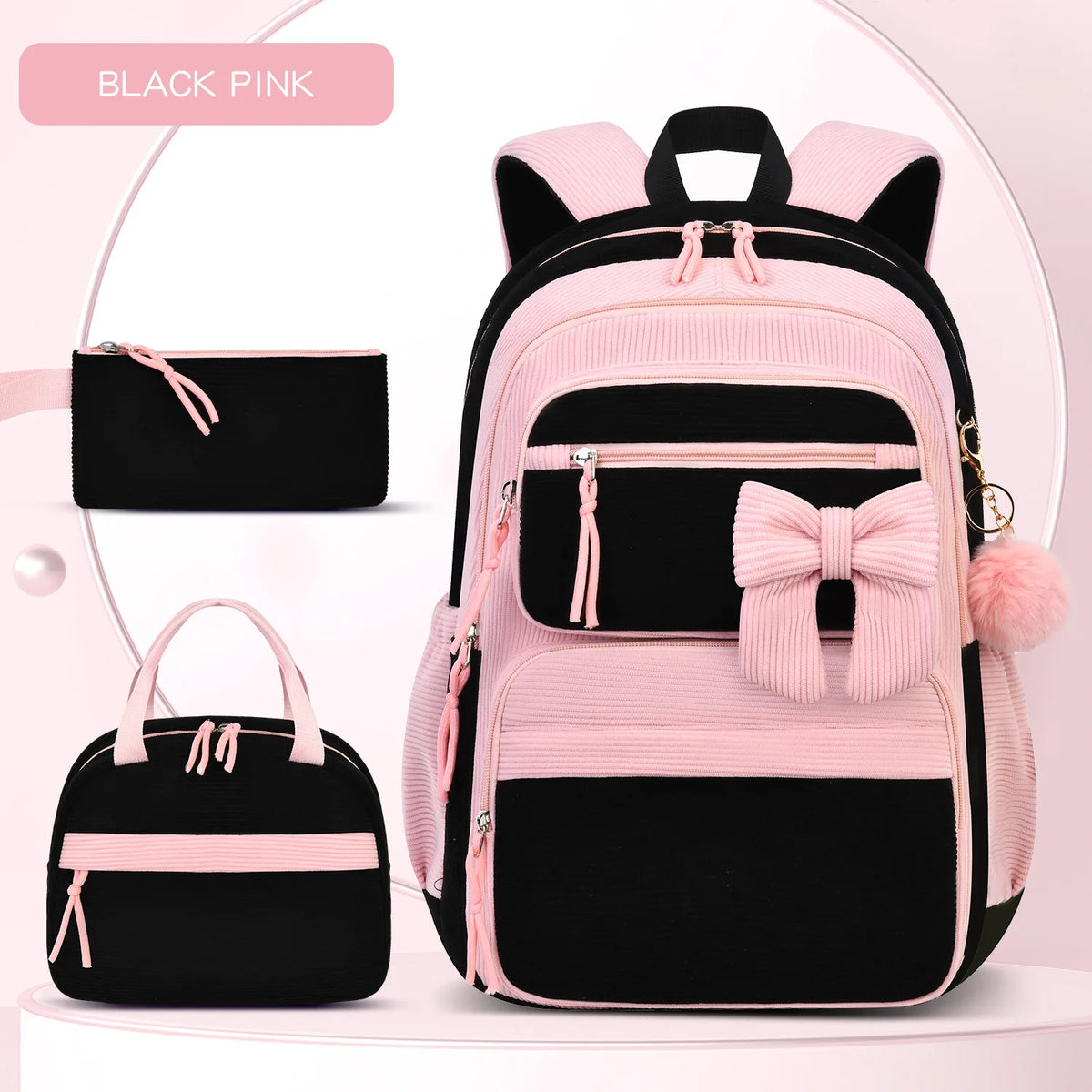 Rosa und schwarz gestreiftes Cordhosen-Schulrucksacks-Set mit Hauptrucksack und separatem Beutel.
