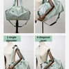 Four variations of a light mint green nylon duffel bag shown in different configurations including portable, shoulder, single