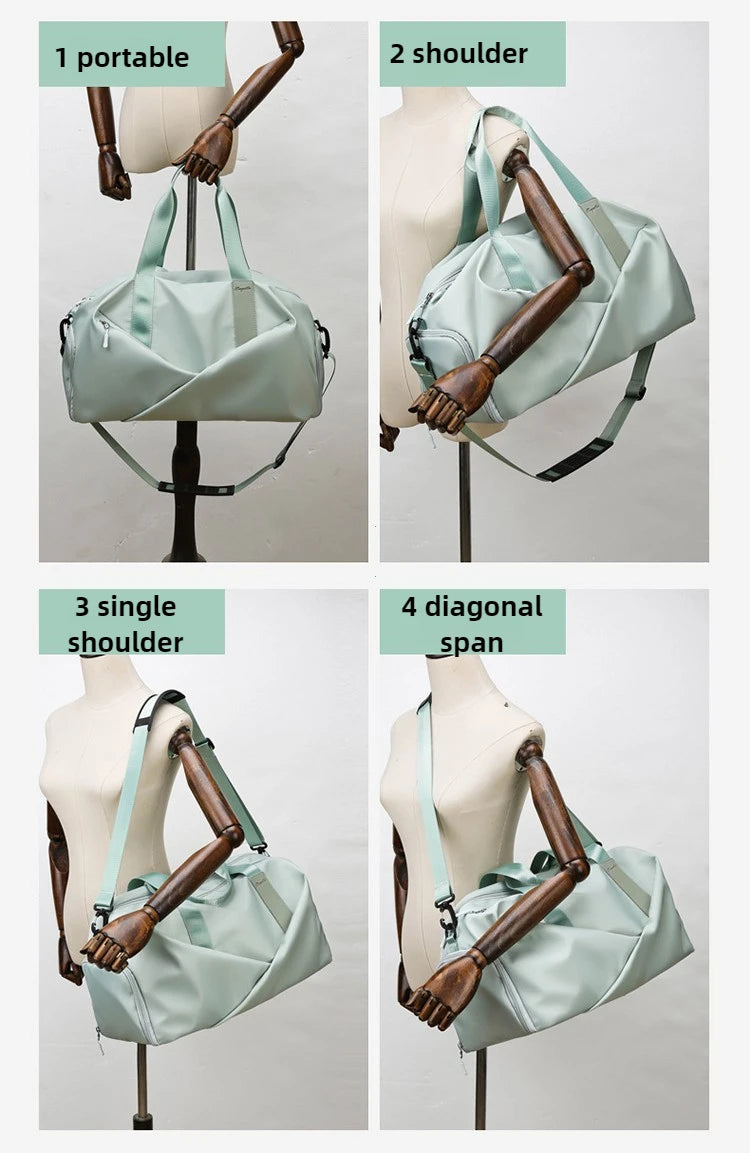 Four variations of a light mint green nylon duffel bag shown in different configurations including portable, shoulder, single