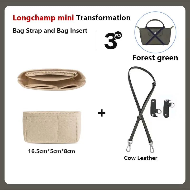 Longchamp mini transformation showing a bag strap and bag insert in forest green and cow leather.