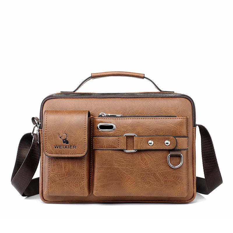 A brown men's PU leather crossbody shoulder bag with a leather strap and flap closure.