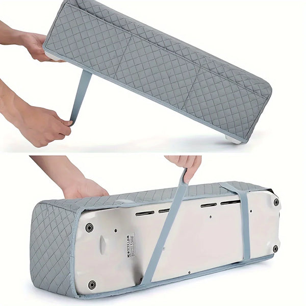 Schutzabdeckung für einen Cricut Maker, aus hellgrauem Stoff und Kunststoff.