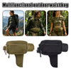 A multifunction outdoor waist bag shown on a man and woman, featuring olive green and black colors.