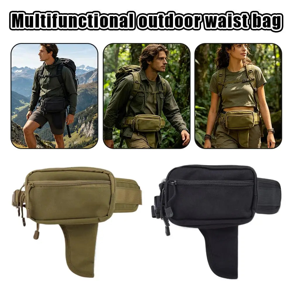 A multifunction outdoor waist bag shown on a man and woman, featuring olive green and black colors.