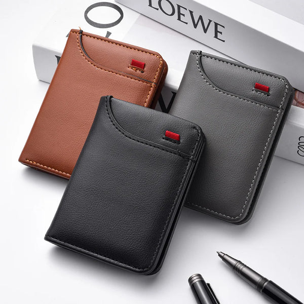 A set of black and brown slim bifold wallets for men displayed on a white background.