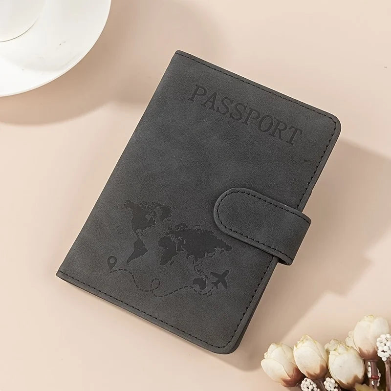 A dark gray passport wallet with a leather-like texture and a world map design is shown on a light background.