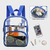 A blue clear PVC backpack storage pouch containing sunglasses, a watch, and other small accessories.
