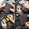A set of brown leather card holders showing easy access, money clip features, great capacity, and luxury packaging.
