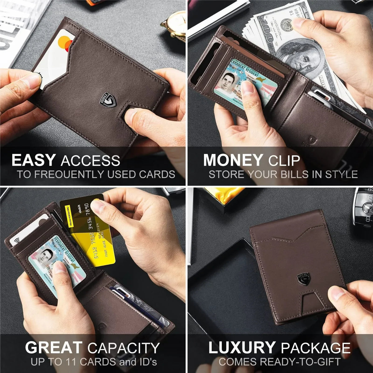A set of brown leather card holders showing easy access, money clip features, great capacity, and luxury packaging.