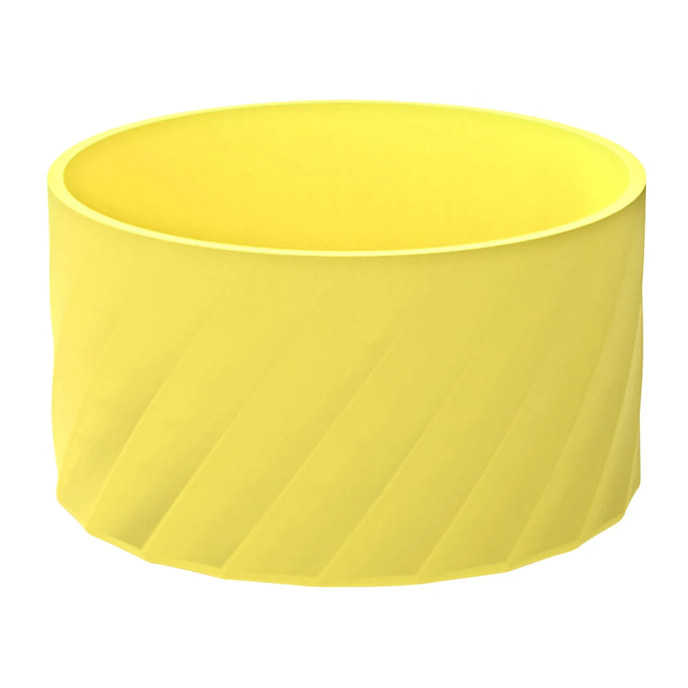 A yellow silicone boot sleeve designed to fit water bottles.