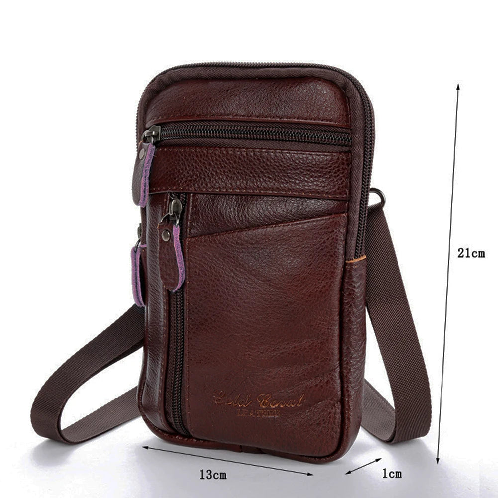 A dark brown vintage cowhide leather crossbody bag with a zippered compartment and adjustable strap.