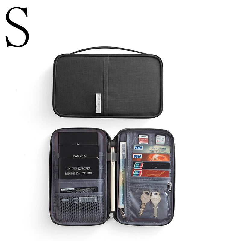 A black multi-functional passport and document organizer with a hinged case and internal pockets for travel documents.