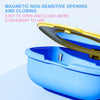 A blue denture storage box is shown open, highlighting its magnetic non-sensitive opening and closing mechanism.