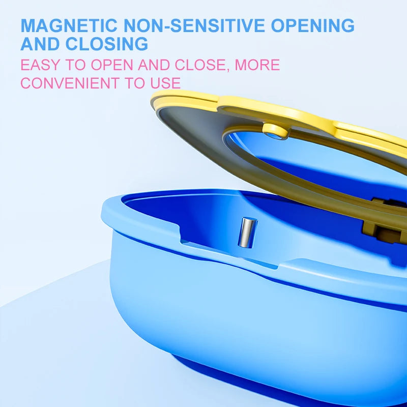 A blue denture storage box is shown open, highlighting its magnetic non-sensitive opening and closing mechanism.