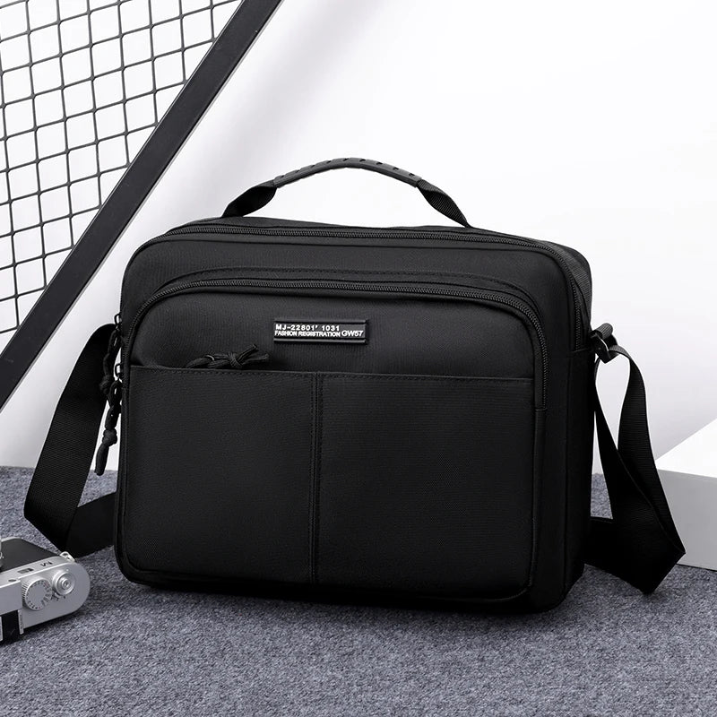 Black professional waterproof men's business briefcase with a handle and shoulder strap