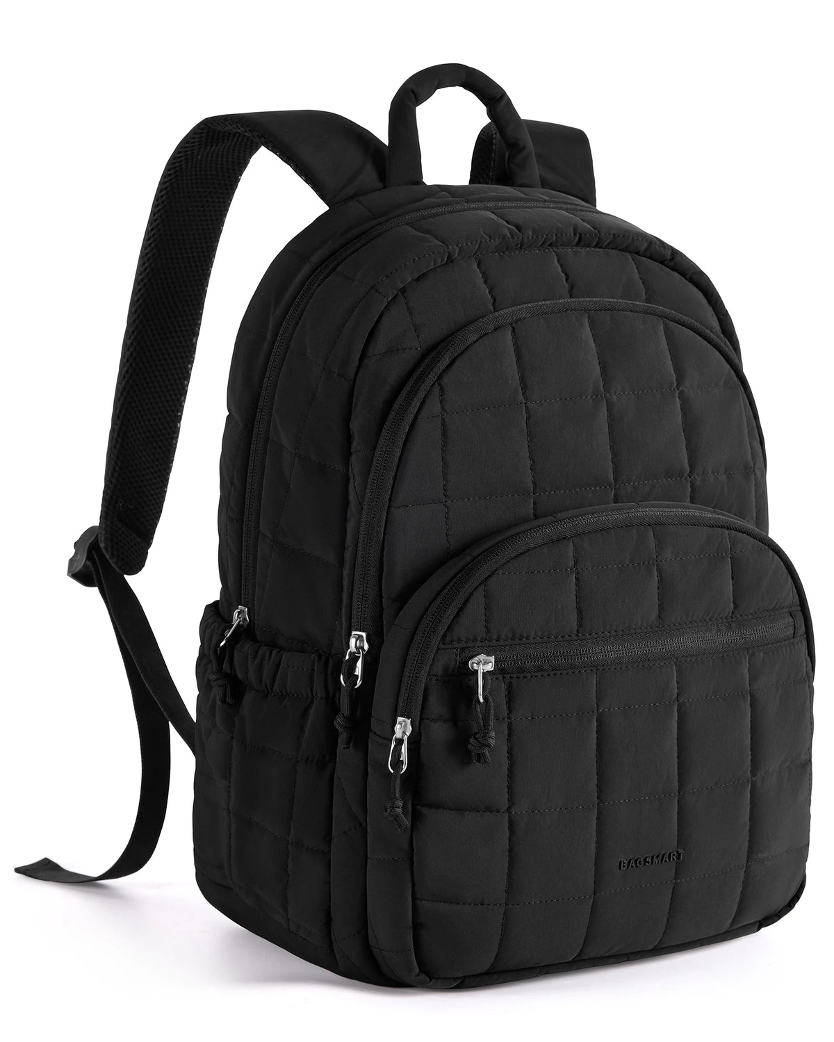 Black quilted laptop backpack for women with adjustable strap and zippered compartments
