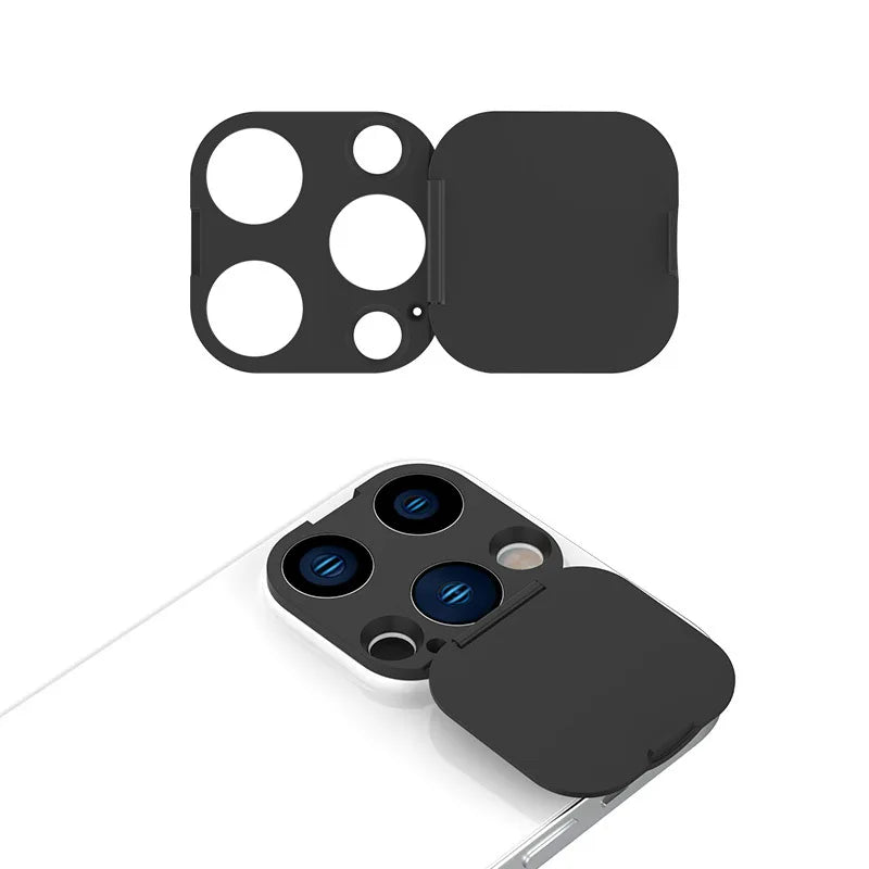 A black privacy lens cover for an iPhone, showing the camera module and a protective flap.