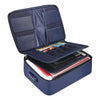 A navy blue fireproof multi-layer document organizer box open to show multiple compartments for storing documents.