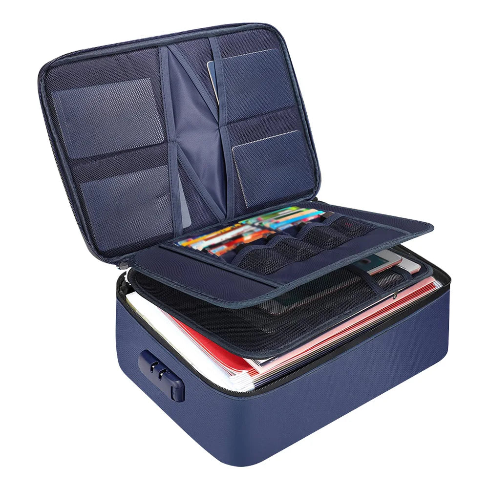 A navy blue fireproof multi-layer document organizer box open to show multiple compartments for storing documents.