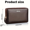 A brown leather long zipper wallet clutch shown with dimensions 8.2 inches by 4.7 inches.