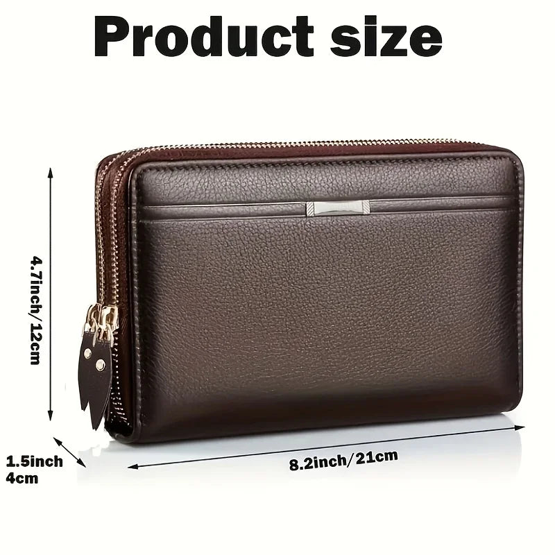 A brown leather long zipper wallet clutch shown with dimensions 8.2 inches by 4.7 inches.