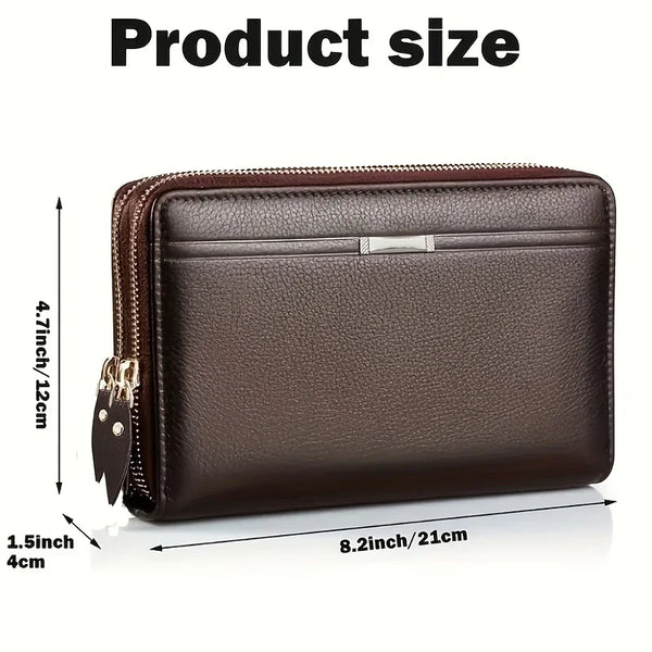 Portefeuille pochette à fermeture éclair marron en cuir, dimensions 8,2 x 4,7 pouces.