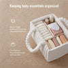 A white flannel diaper caddy organizer filled with baby essentials like diapers and creams.