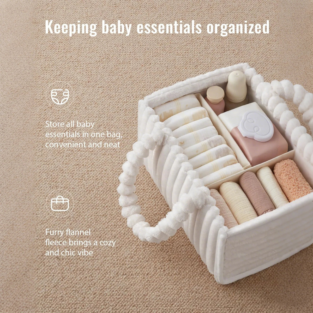 A white flannel diaper caddy organizer filled with baby essentials like diapers and creams.