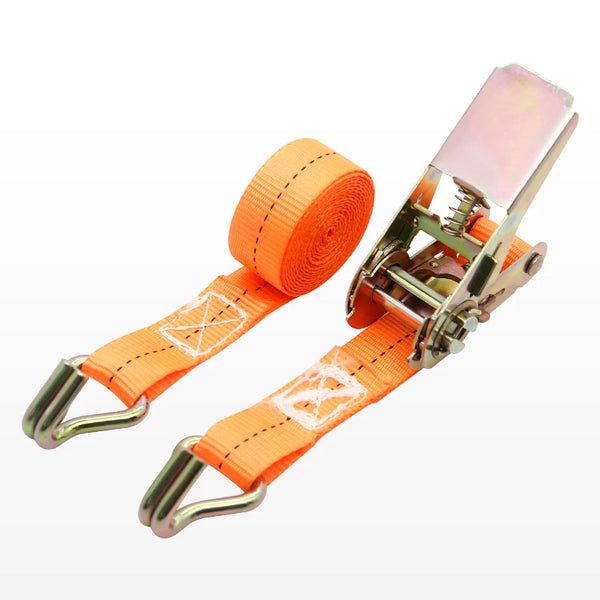 Orange heavy-duty ratchet strap with metal buckles and a plastic end for securing luggage.