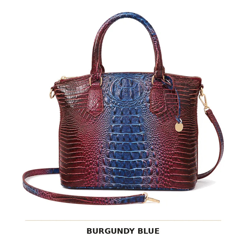 Bordeauxblaues Krokodilmuster-Top mit Tragegriffe und Crossbody-Tasche.