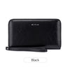 Black slim RFID-blocking PU leather wallet with zipper closure.