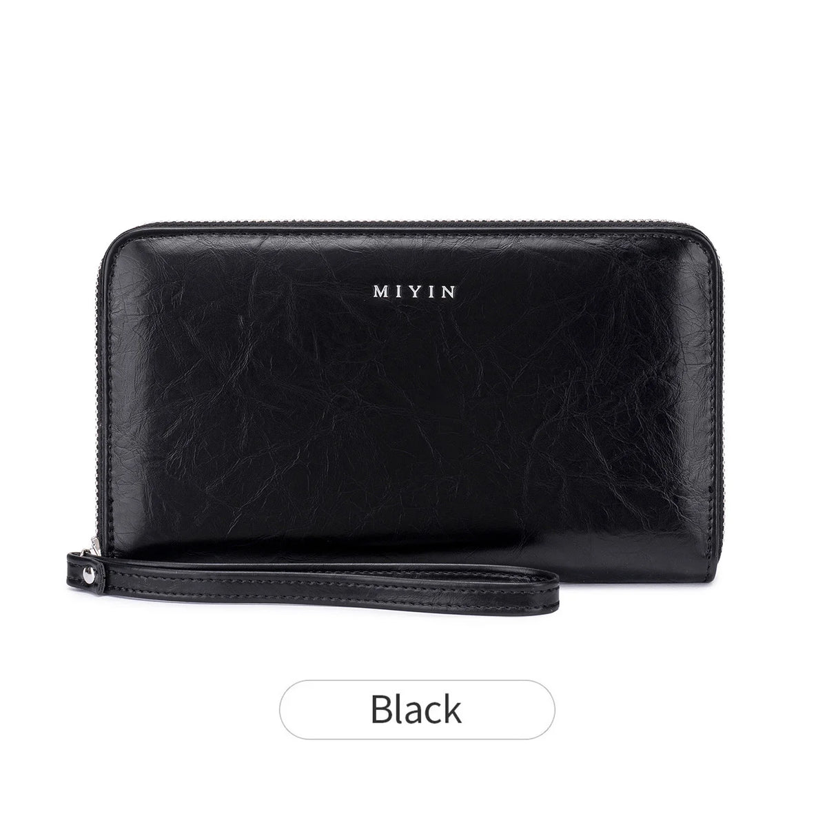 Black slim RFID-blocking PU leather wallet with zipper closure.