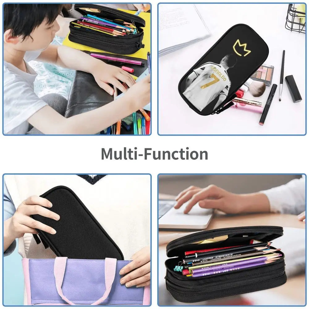 A multi-function leather pencil case shown in various colors and usage contexts for school and office supplies.