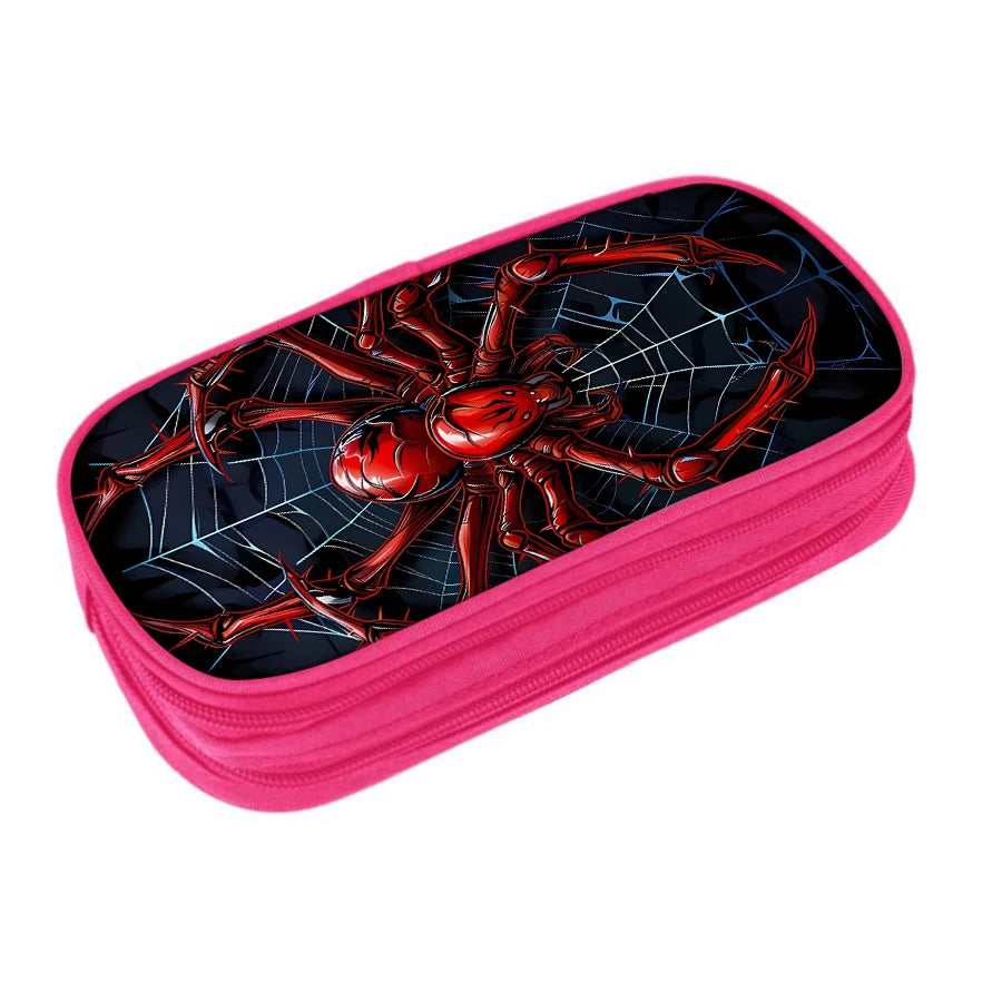 A pink pencil case featuring a dark spider pattern design.