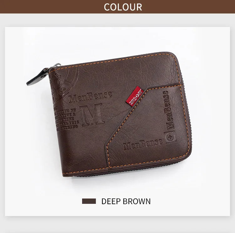A dark brown MenBense vintage PU leather wallet with stitching and a coin pocket.