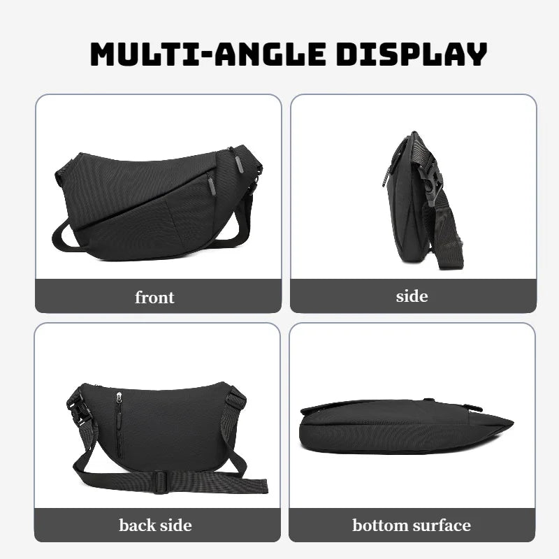 Multi-angle display showing the front, side, back side, and bottom surface of a black women's casual PU chest bag.
