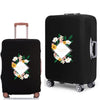 Black rolling suitcase with a floral design on the side.