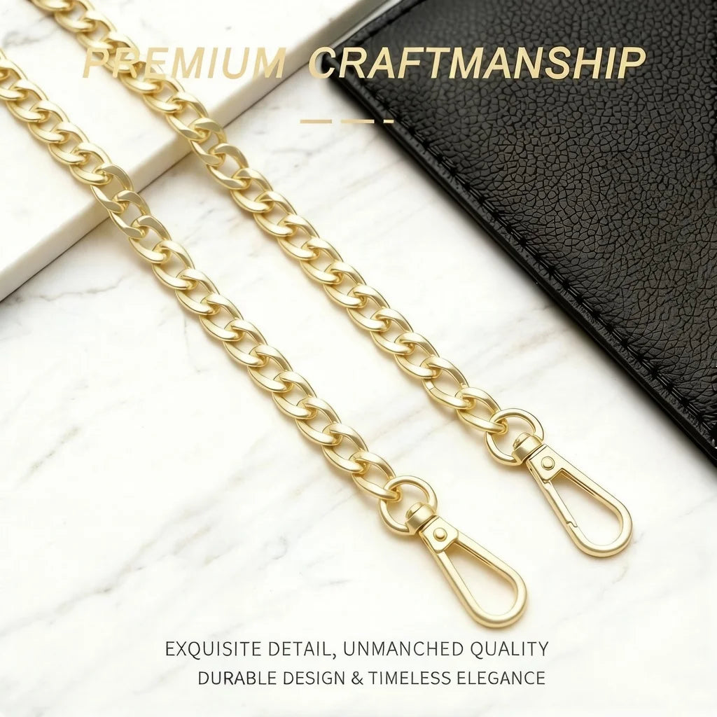 A gold-colored metal chain strap is displayed next to a black leather wallet, emphasizing craftsmanship and elegance.