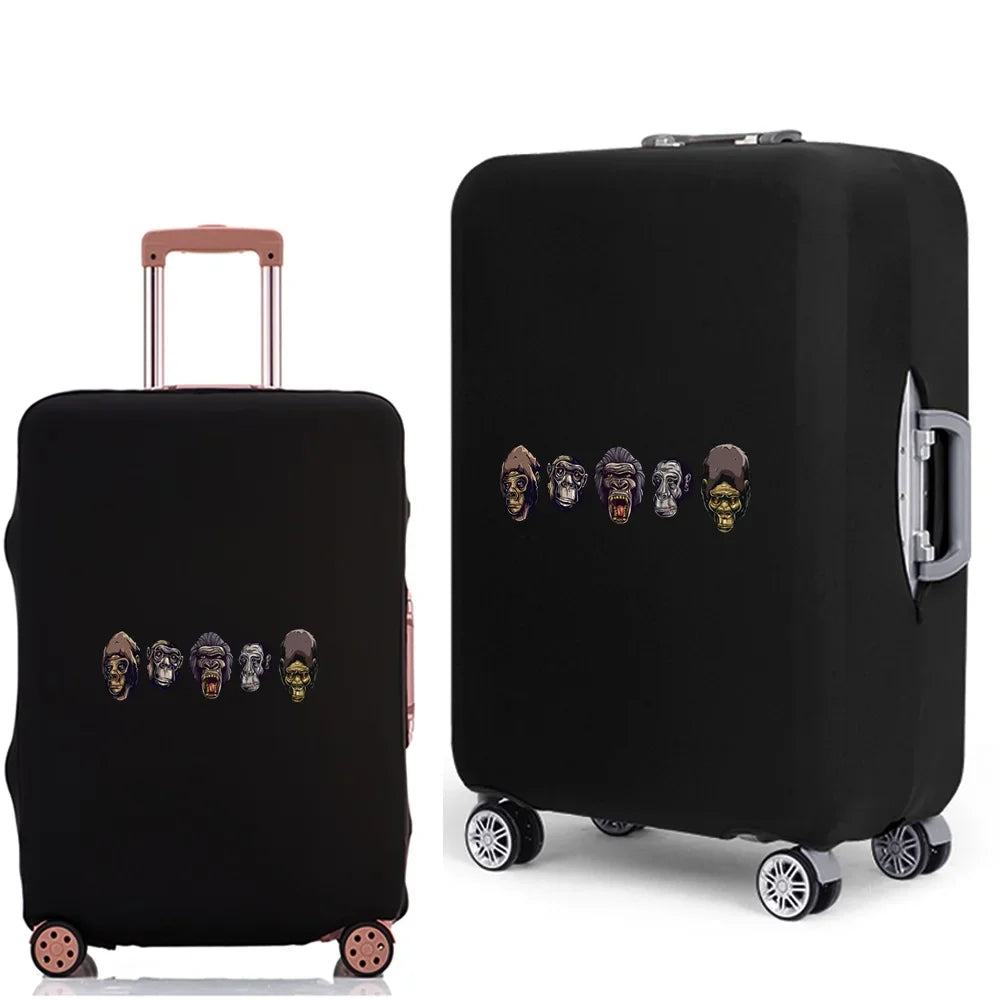 Black elastic luggage cover with a skull print featuring multiple skulls.