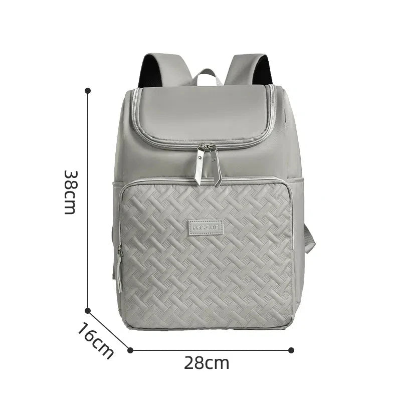 A gray insulated picnic cooler backpack shown with dimensions 38cm high, 16cm wide, and 28cm deep.
