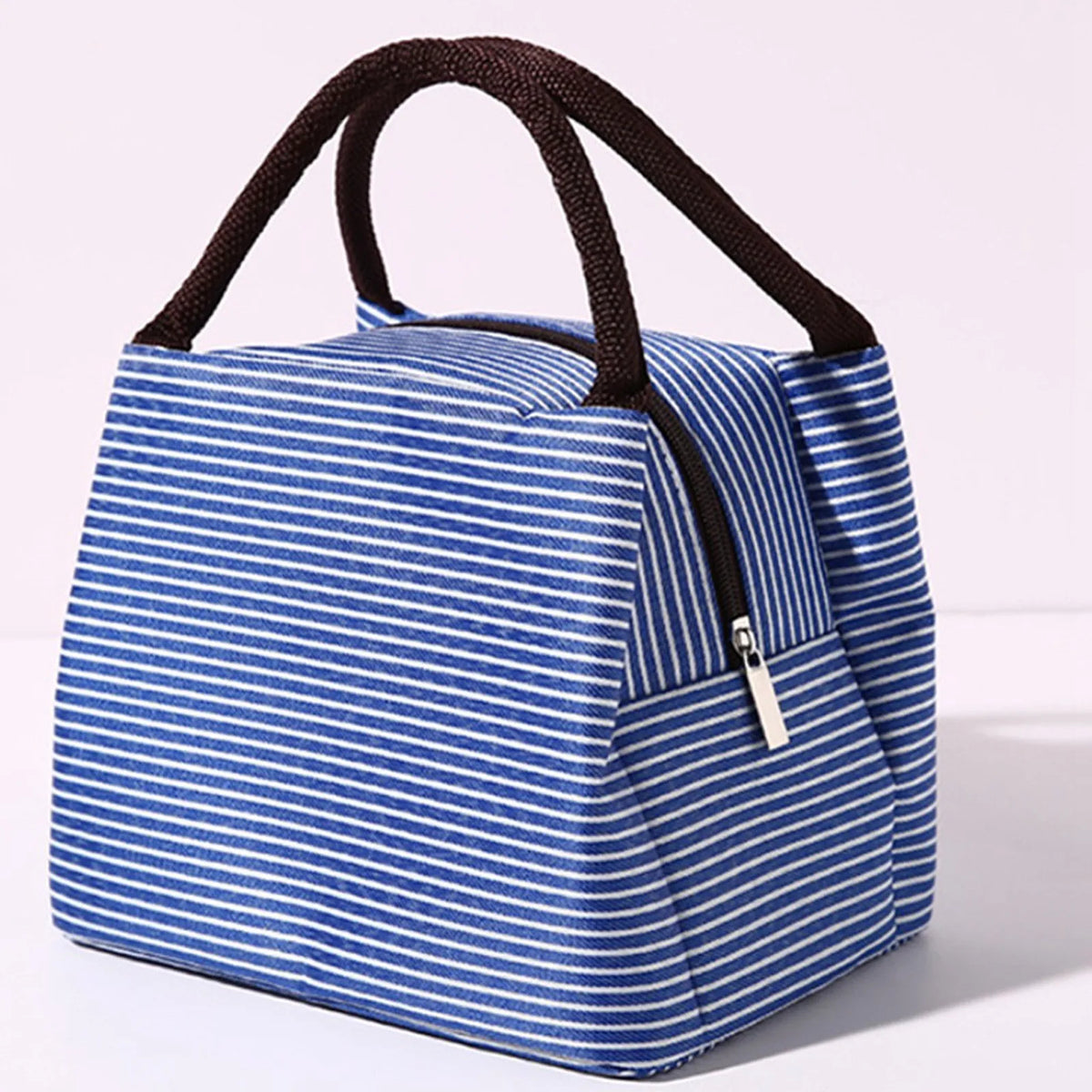 A blue and white striped insulated lunch tote bag with a black adjustable shoulder strap.