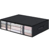 A black storage box with three fabric organizer bins visible inside.