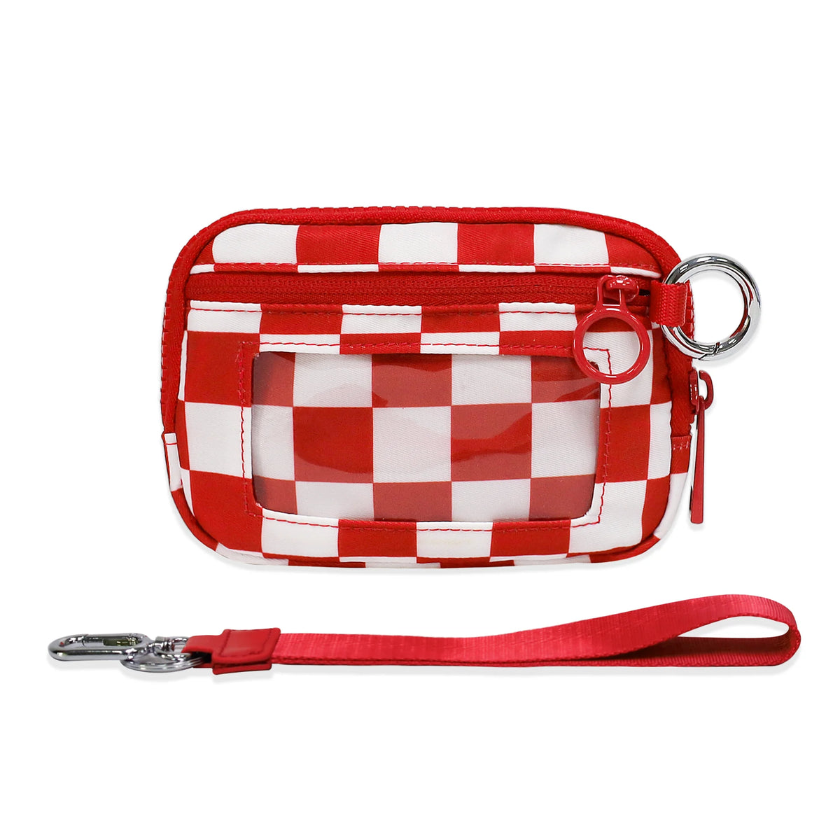 A red and white checkered wallet with an ID window and a red strap.