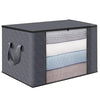 A gray fabric storage box with a lid, featuring multiple woven organizer bins inside.