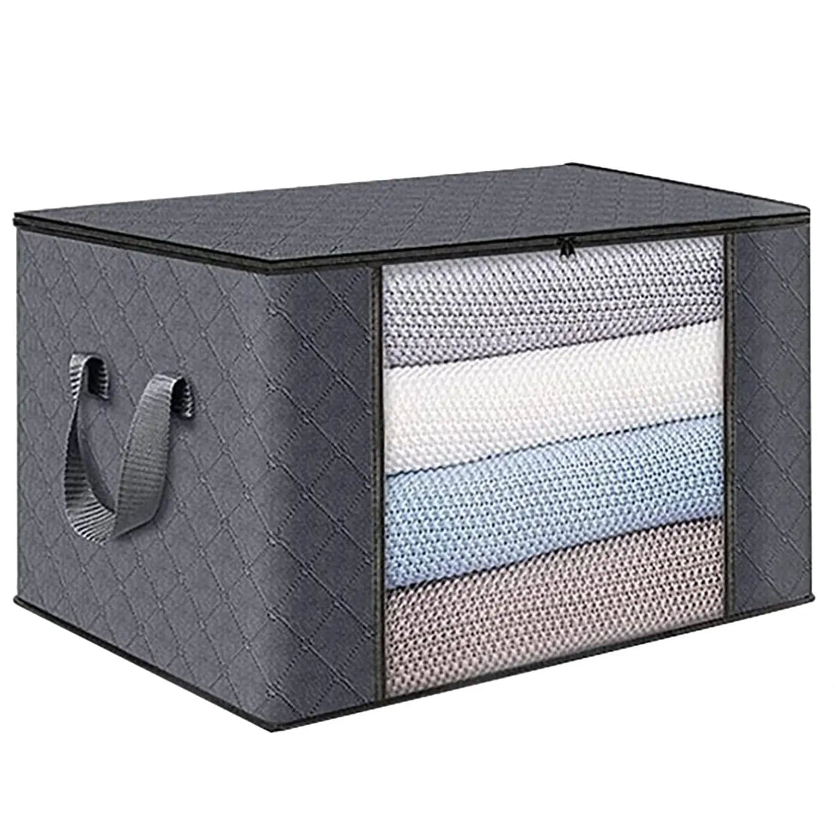 A gray fabric storage box with a lid, featuring multiple woven organizer bins inside.